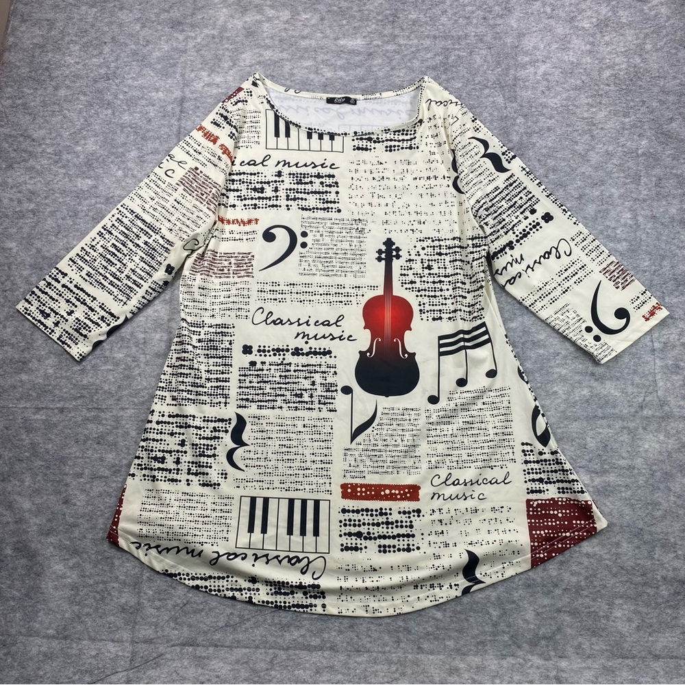 Classical Music Print Tunic Top - Cream with Black & Red Accents